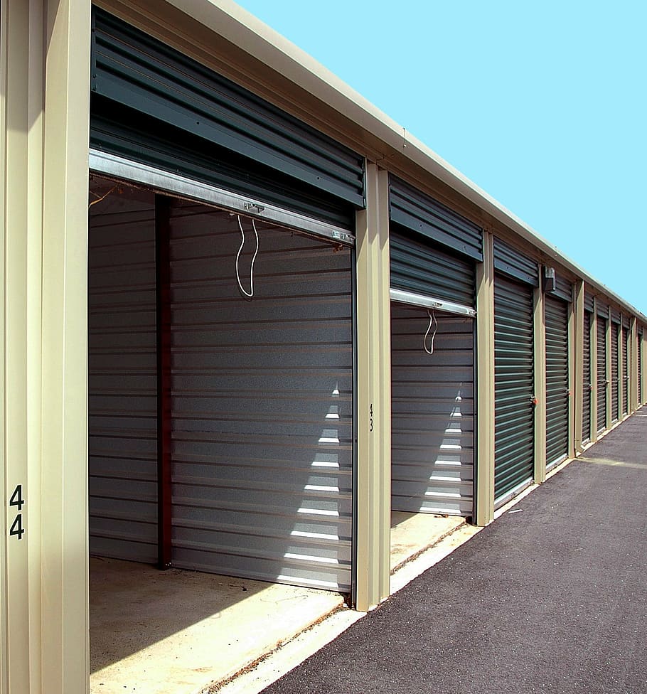open, roller shutter doors, storage warehouse, storage, bins, warehouse, industry, business, goods, box