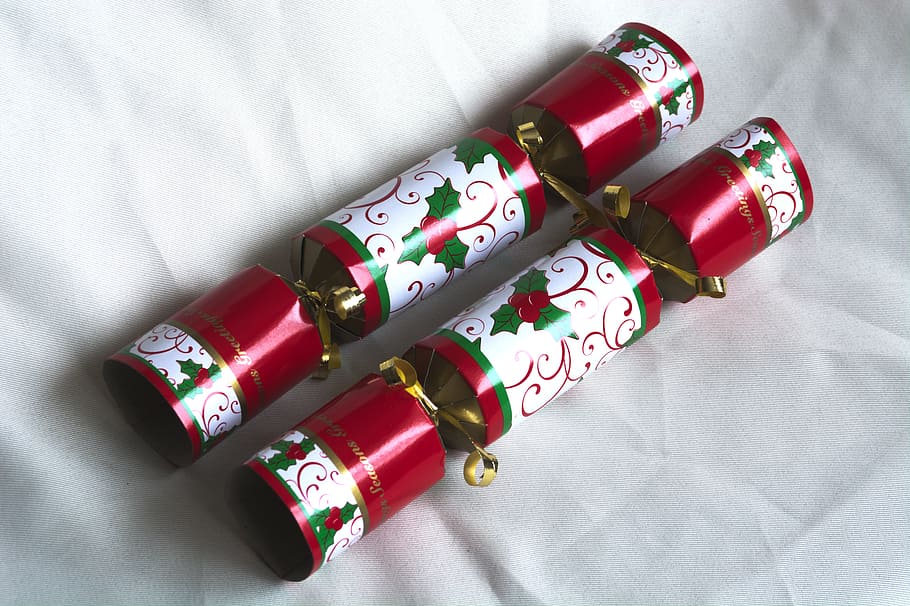 christmas cracker, two, christmas, festive, crackers, traditional, decoration, red, xmas, happy christmas
