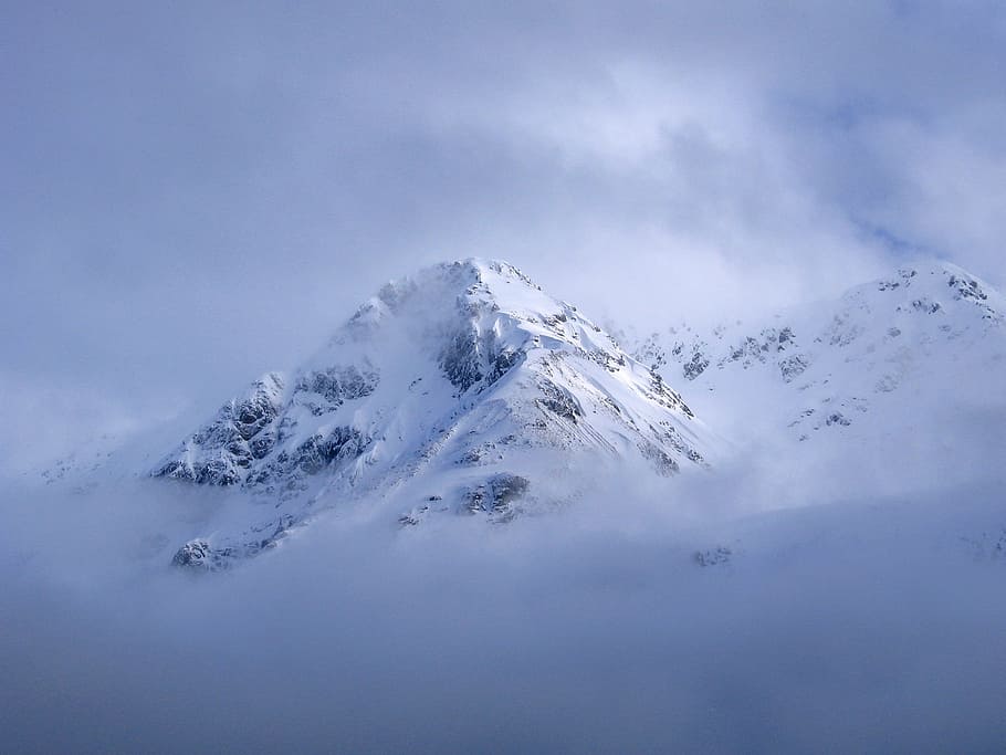 雪, 頂上, 山, 白, 雲, 氷河湾, アラスカ, 空, 峰, 曇り