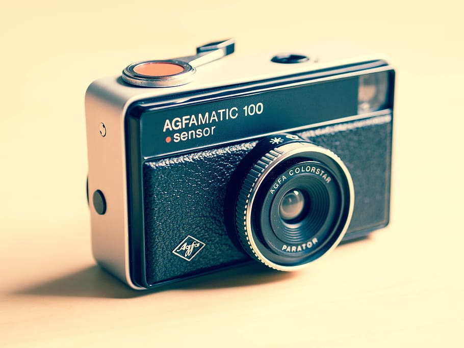 black, silver point-and-shoot camear, afgamatic, camera, vintage, lens, photography, technology, retro styled, single object