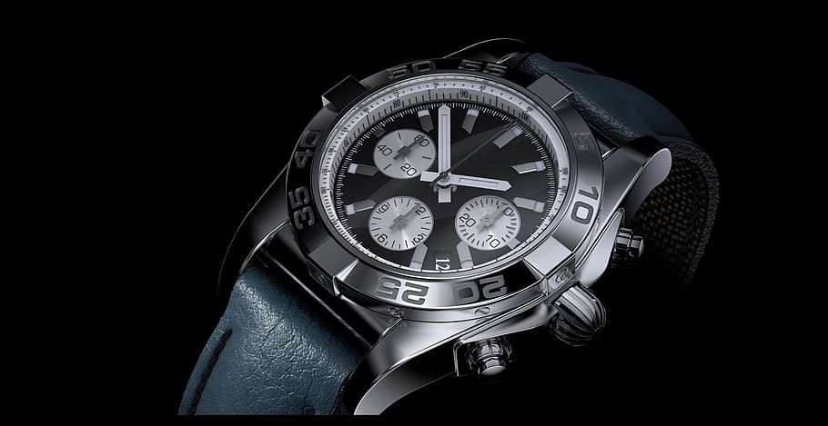 closeup, round silver-colored chronograph, watch, black, leather band, time, clock, background, wrist watch, chronometer