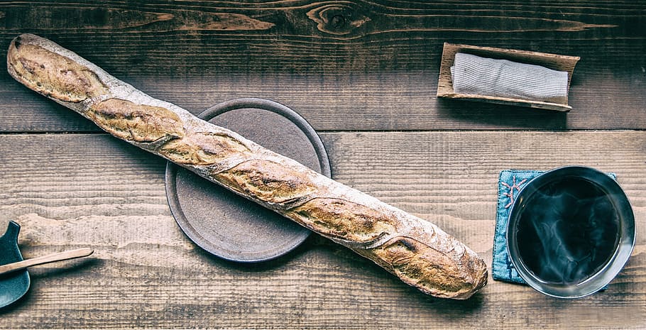 baguette rustique, baguette, pan, café, taza, francés, rustique, madera, madera - Material, anticuado