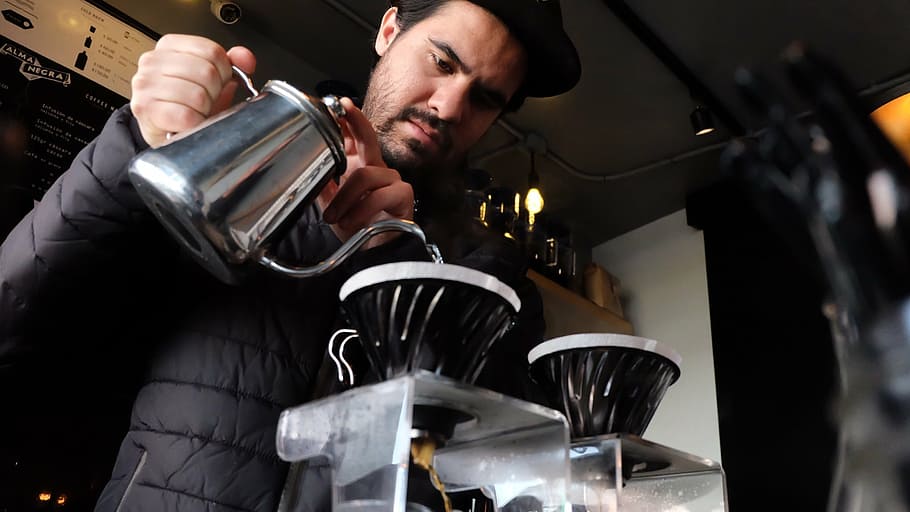 man, holding, kettle, pouring, grinder, water, coffee, barista, mexico, one man only