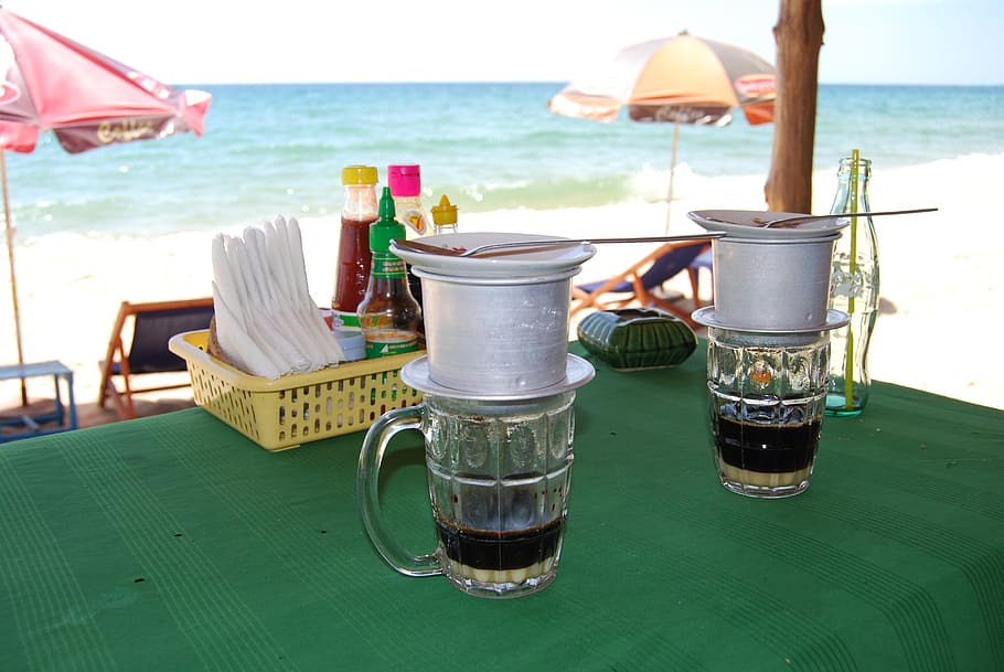 vietnamese coffee, coffee cup, beach restaurant, coffee filter, sea, beach, summer, vacations, drink, relaxation
