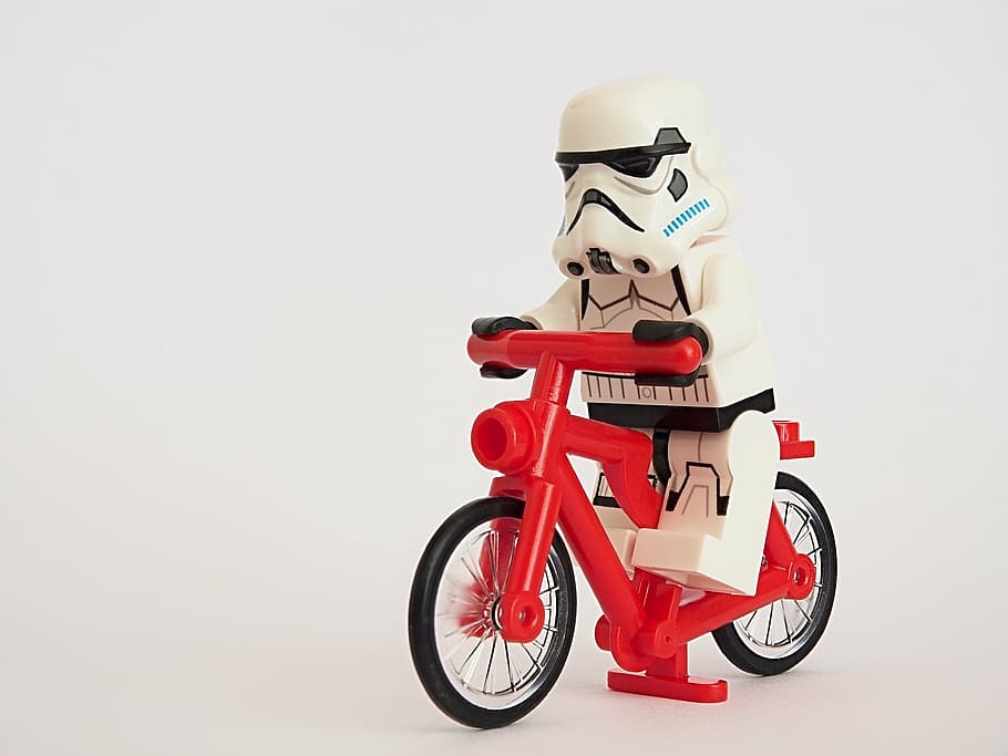 star wars minifigure, stormtrooper, lego, bicycle, cyclist, cycling, star wars, evil, empire, military