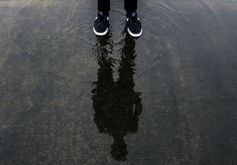 reflection, person, puddle, daytime, feet, footwear, man, outdoors, shoes, sneakers