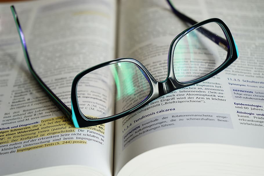 eyeglasses, black, frames, glasses, read, learn, book, text, highlighter, pen