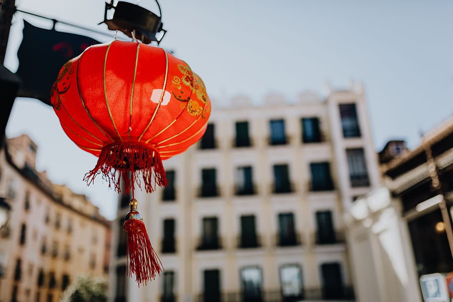 chino, lámpara, asia, linterna, tradicional, rojo, Madrid, España, colgando, exterior del edificio