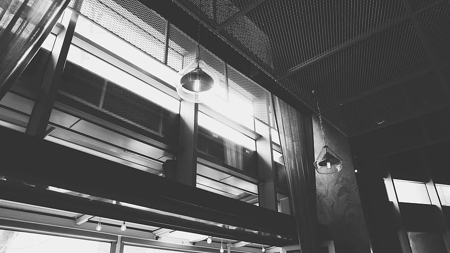 grayscale photography, building, interior, shop, restaurant, lamp, light, black and white, monochrome, indoors