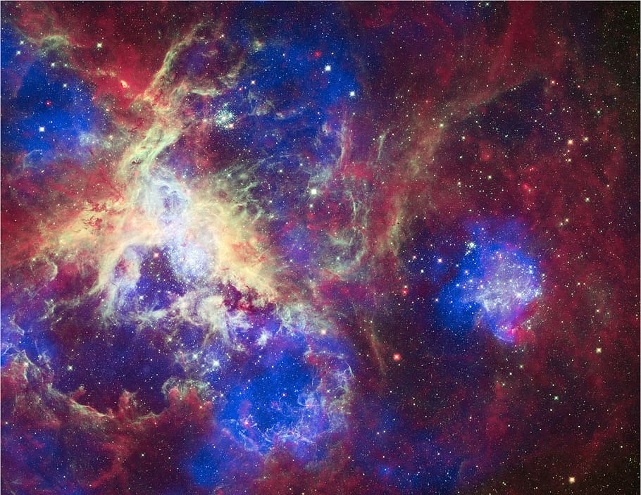 rojo, azul, amarillo, ilustración de galaxia, nebulosa de tarántula, 30 doradus, ngc 2070, pequeña nube magallánica, constelación, pez espada