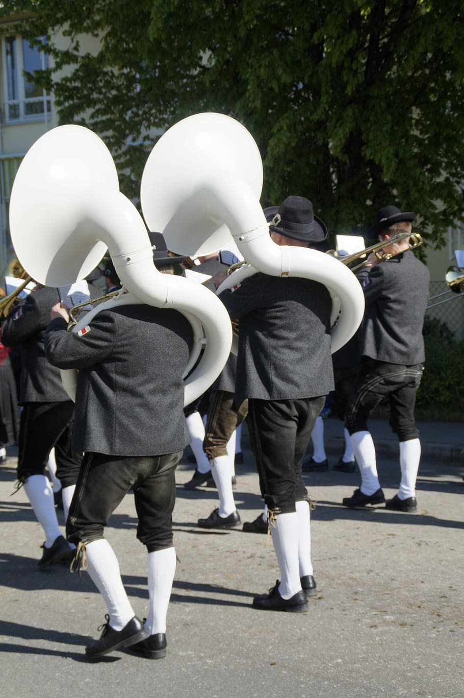 Brass Band, Marching, Costume, Bavarian, music band, chapel, street festival, pageant, instrument, music