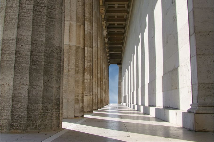 brown, white, concrete, columns, walhalla, hall of fame, great german, famous german, museum, exhibition