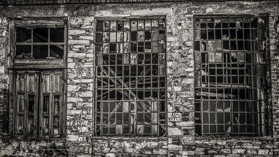 windows, fábrica, decaimiento, grunge, abandonado, roto, urbano, pared, sucio, industrial