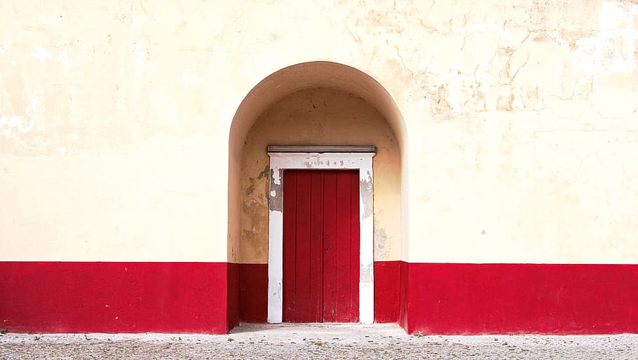 door, wall, red, yellow, arc, architecture, built structure, building exterior, entrance, arch