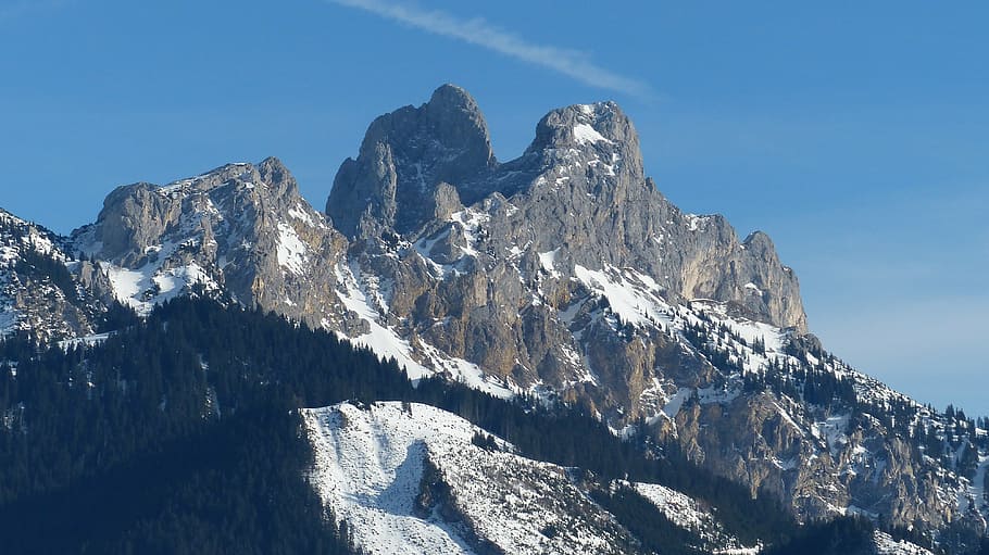 tyrol, tannheimertal, red flüh, gimpel, winter, snow, sky, blue, panorama, mountain