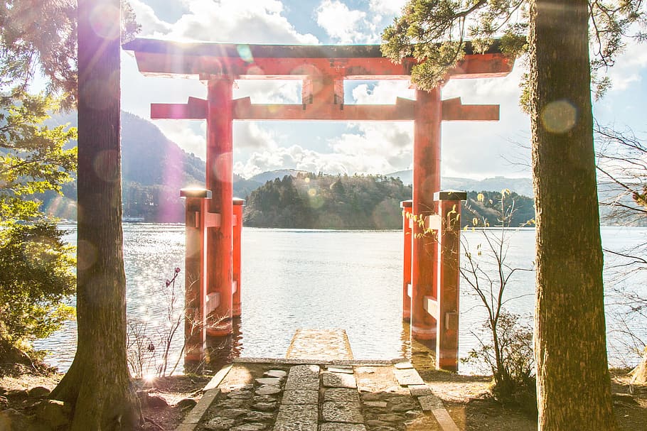 brown, wooden, gate, front, body, water, nature, pillar, red, trees