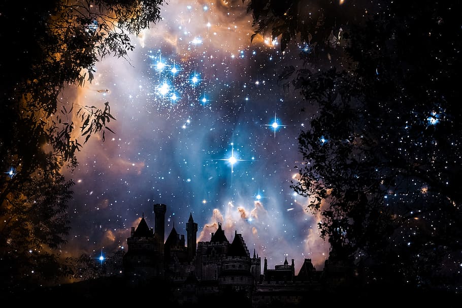 castillo, cielo, noche, estrella, reunión, árboles, paisaje, fantasía, cuentos de hadas, oscuridad