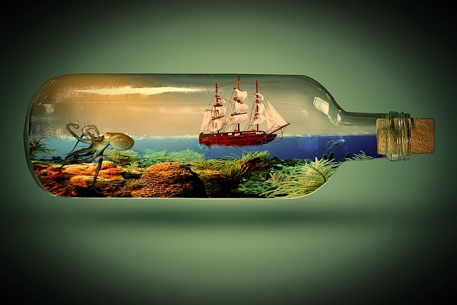 ship, glass, bottle, sea, underwater, sea animals, octopus, fish, coral, sun