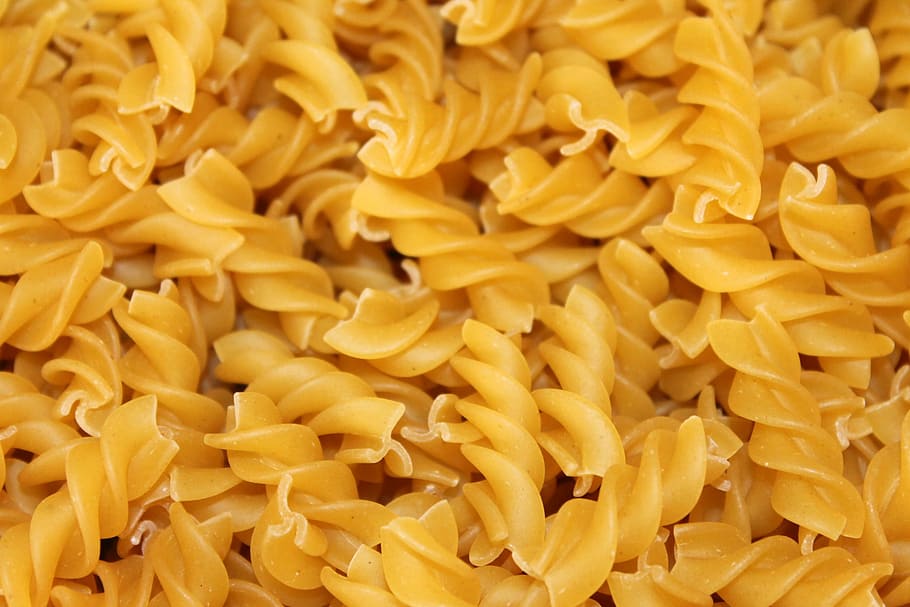 spiral pastas, Noodles, Fusilli, Pasta, Carbohydrates, cook, yellow, food, food and drink, large group of objects