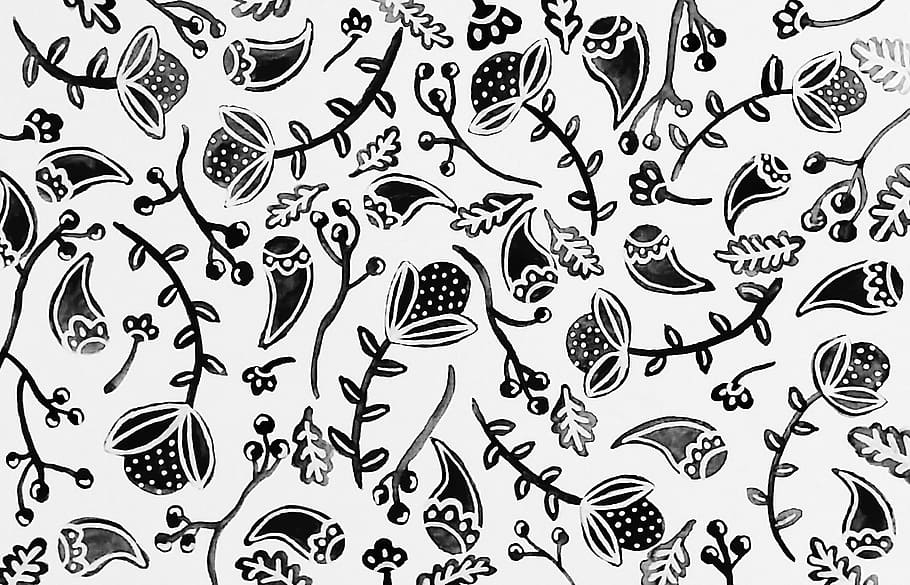 white, black, floral, textile, paisley, flowers, leaves, pattern, berries, handdrawn
