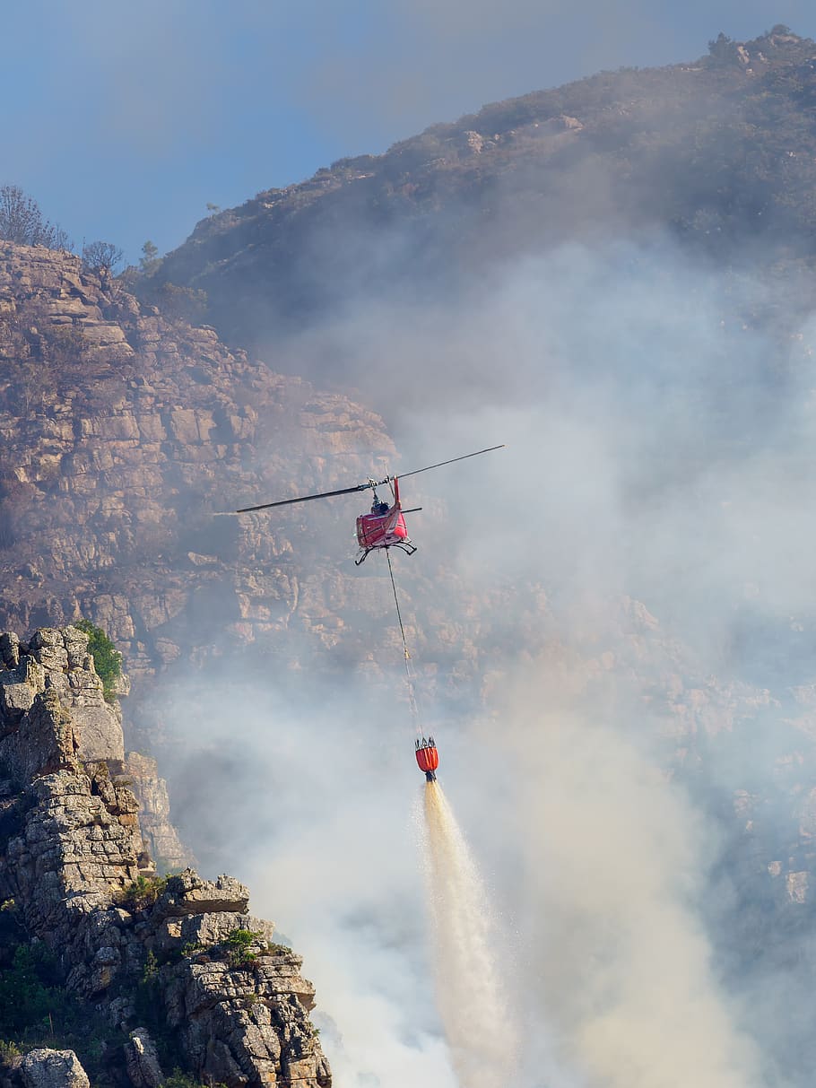 fire fighting helicopter, sky, clouds, smoke, fire, landscape, mountain, nature, helicopter, blue