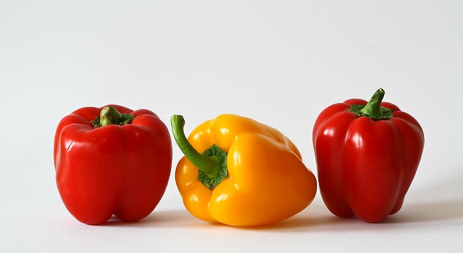 macro shot, two, red, one, yellow, bellpeppers, paprika, vegetables, colorful, food