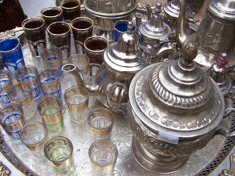 áfrica, oriente, shisha, tee, chá de hortelã-pimenta, flasses, estilo árabe, bule de metal, tradição, grande grupo de objetos