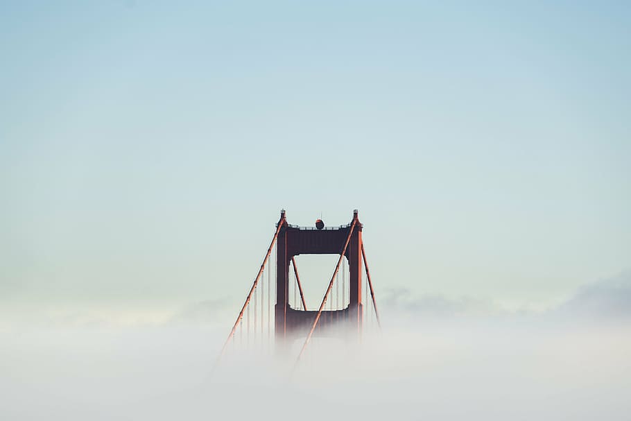 red, metal bridge, surrounded, clouds, architecture, bridge, infrastructure, blue, sky, fog