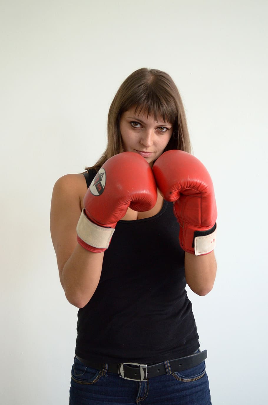 woman, standing, wearing, red, boxing gloves, wall, girl, gloves, sports, boxing