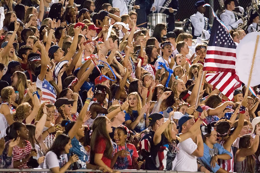 High School, Crowd, Cheering, large group of people, patriotism, flag, men, young adult, group of people, real people