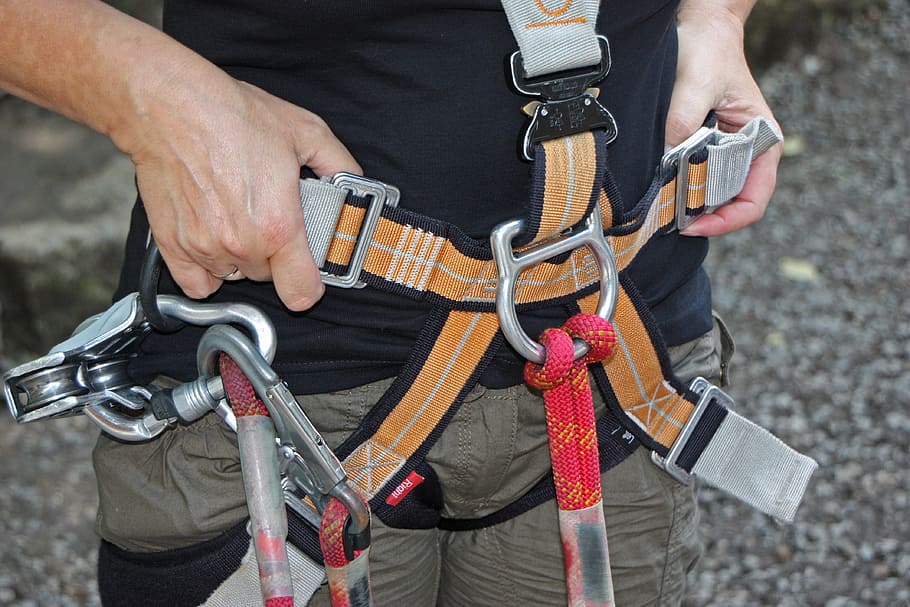 person, standing, holding, body harness, forest climbing park, langenburg, germany, woman, security, belt