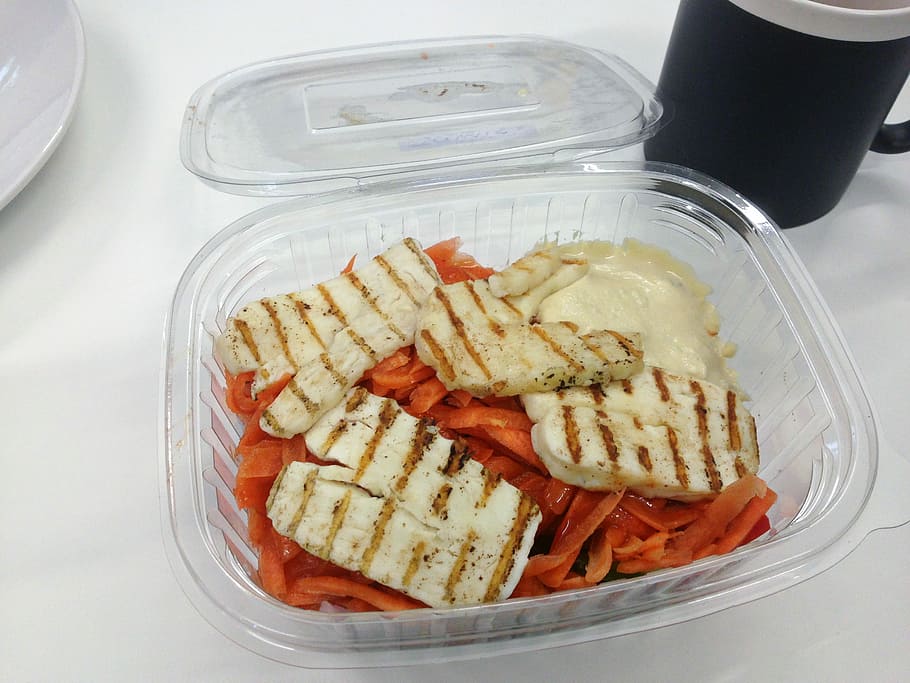 Halloumi, Salad, Takeaway, Carrot, cheese, onion, lettuce, tomato, lunch, food