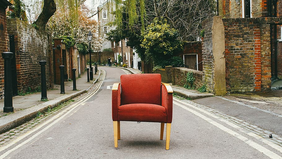 red, armchair, road, chair, couch, furniture, sofa, street, architecture, built structure