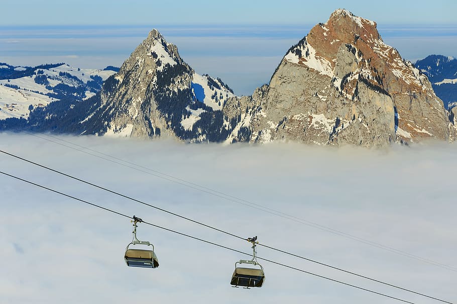 two, cable cars, cables, daytime, chair lift, ski lift, ropeway, cable car, summit, peak