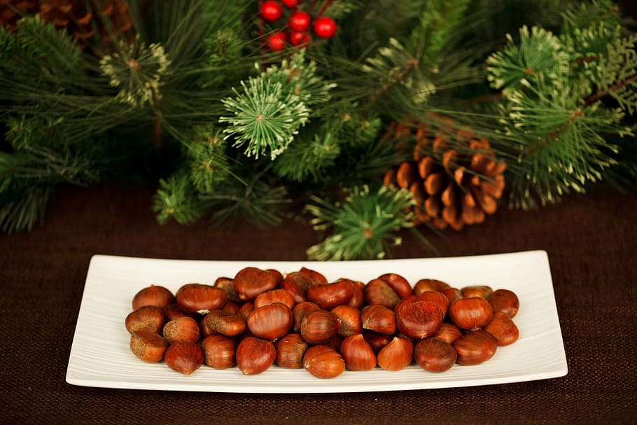 Brown, Chestnut, Makanan, Buah, segar, sehat, banyak, kacang, musim, natal