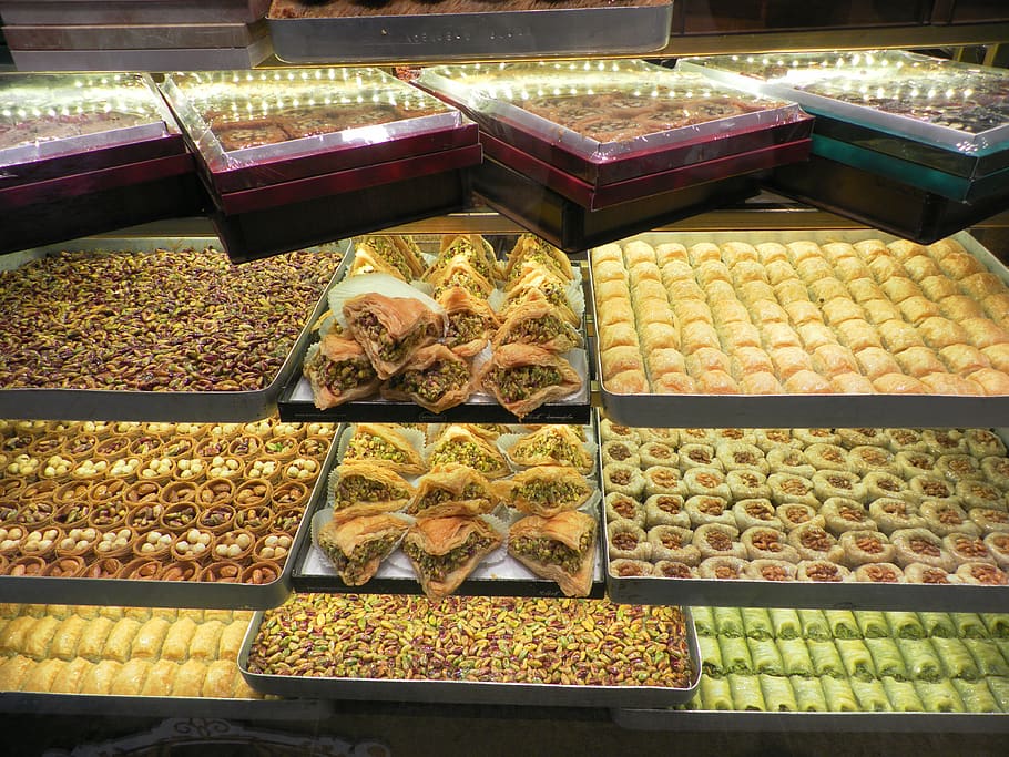 turkey, grand bazaar, turkish sweets, pastry, sweets, honey, walnuts, desert, food, choice