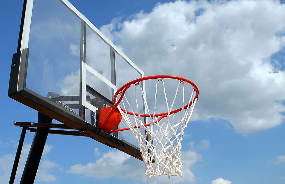 blue, white, basketball system, overlooking, clouds, outdoor basketball, rim, net, sport, basketball