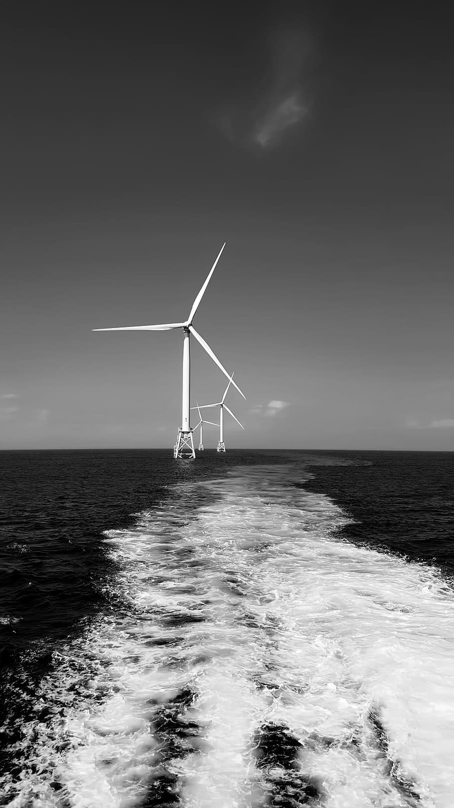 sea, ocean, boat wake, wind turbines, energy, green, ecological, sky, black and white, water