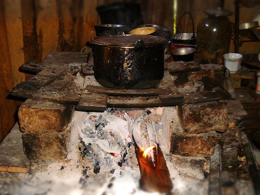 Cozinha, camponês, colombiano, dentro de casa, queima, chama, calor - temperatura, ninguém, comida, fogo