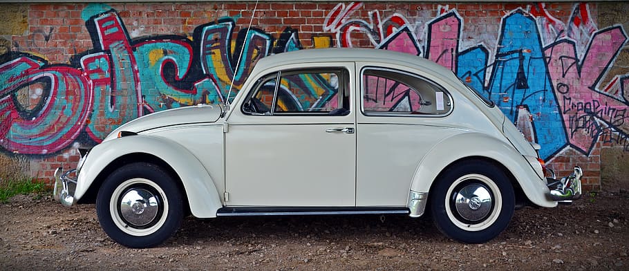 blanco, volkswagen escarabajo, estacionado, al lado, pared, vw, escarabajo, graffiti, clásico, volkswagen