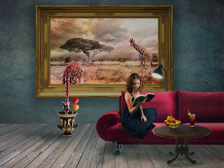 mujer leyendo libro, rojo, pintura de sofá, fantasía, sueños, niña, estado de ánimo, sala, jirafa, imagen