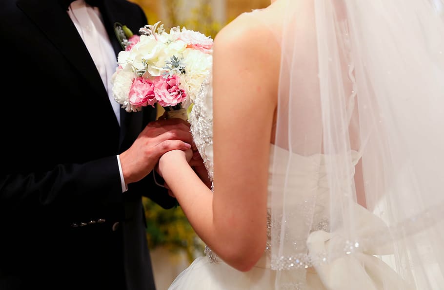 man, woman wedding, dress up, bouquet, marriage, wedding dress, priest, groom, tuxedo, ribbon
