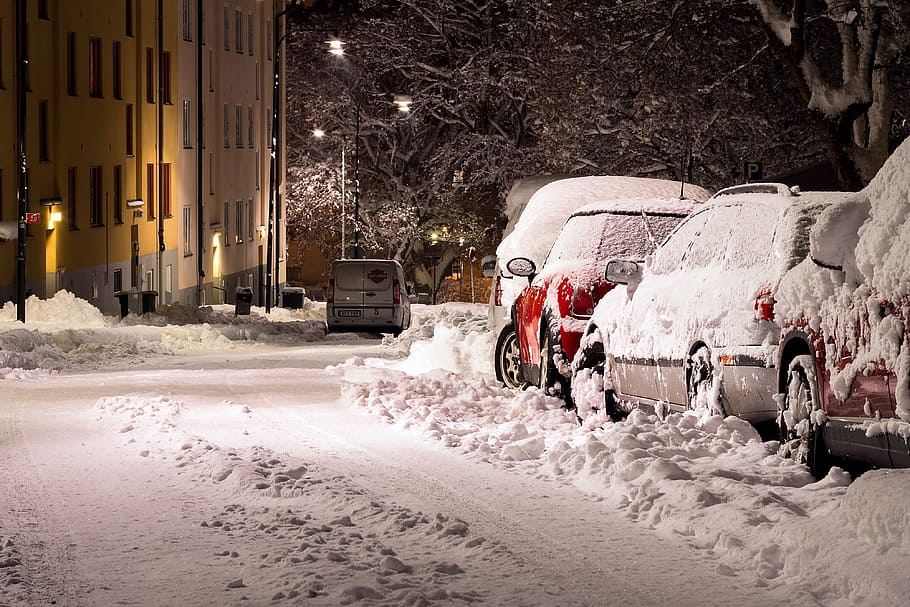 snow, covered, cars, nighttime, street, deep, winter, cold, heavy, snowfall