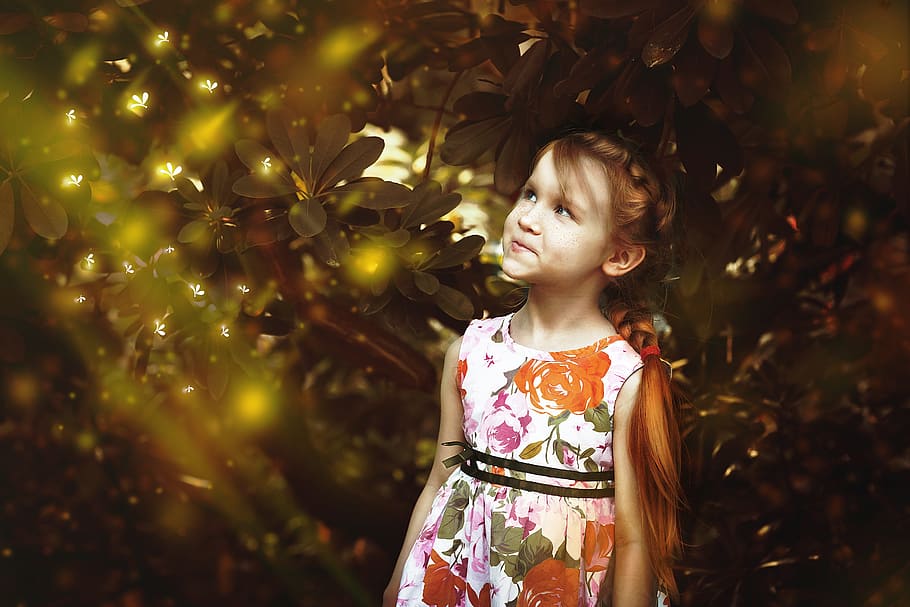 girl, wearing, white, orange, sleeveless dress, green, leaf tree, firefly, fairy tales, red freckles
