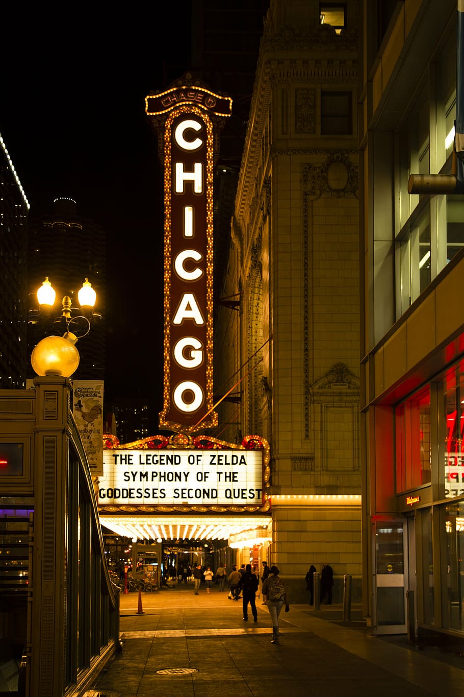 chicago signage, chicago theater, downtown, night, lights, sign, street, text, architecture, illuminated