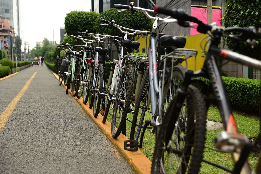 bicycles, tours, tourism, transportation, bicycle, mode of transportation, land vehicle, city, in a row, road