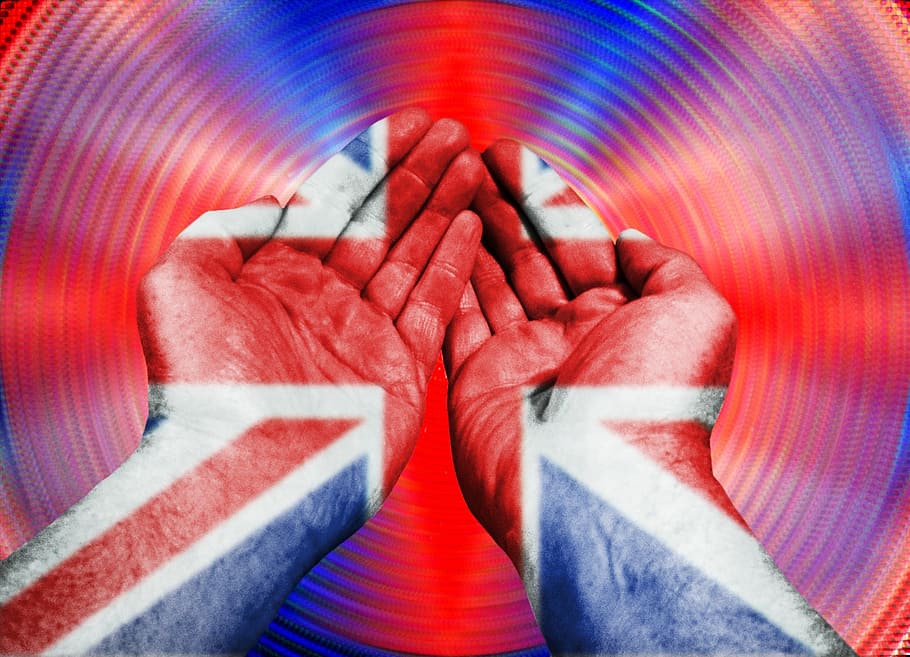 hands, thumbs, pattern, flag, union jack, colors, red, white, palm, gesture