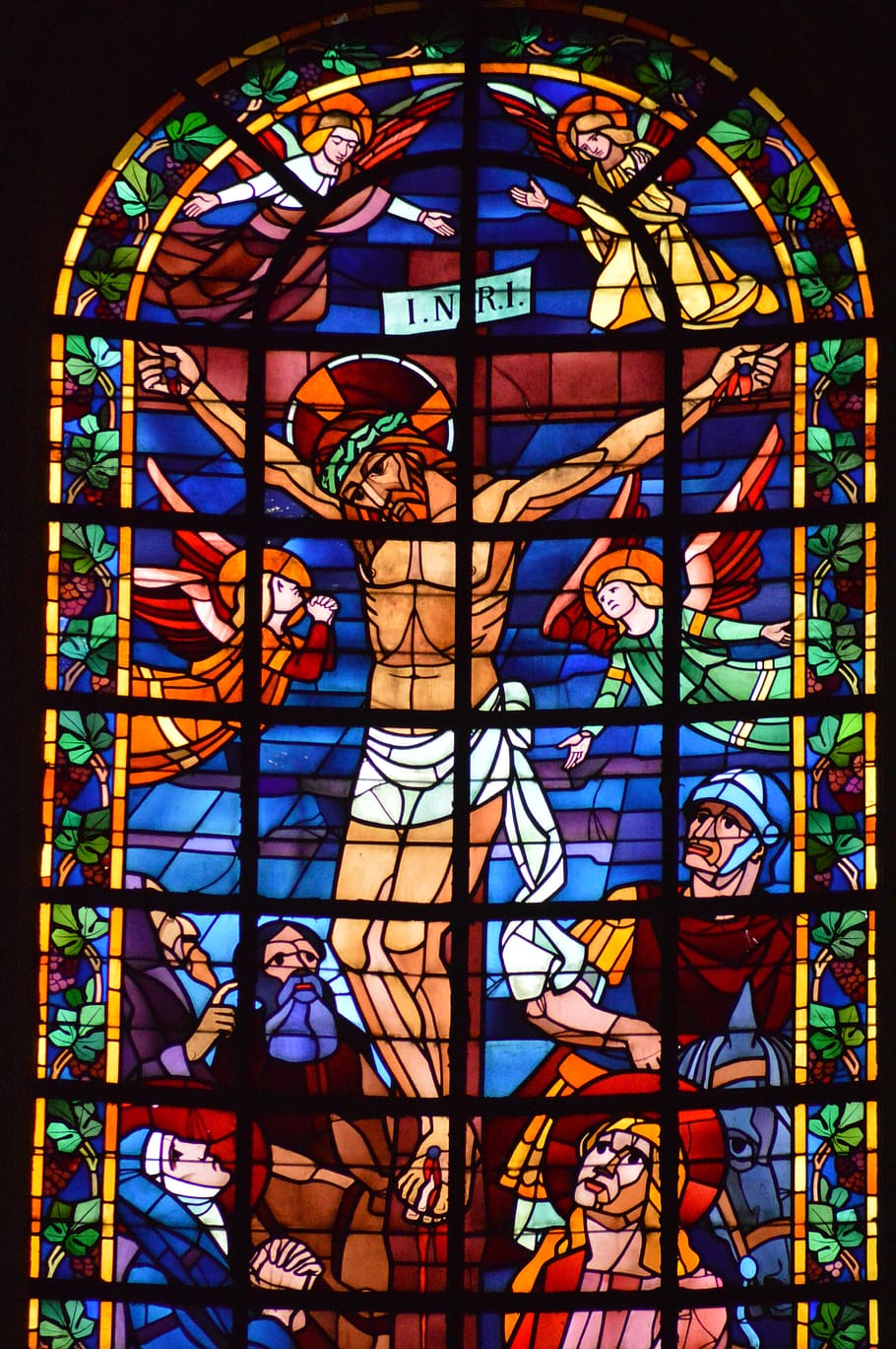 stained glass, window, church, cross, death, jesus, mary, jeans, centurion, angels