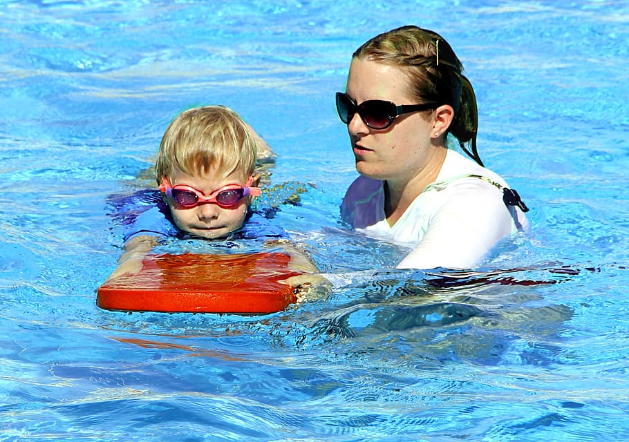 woman teaching boy, swim, swimming, lesson, boy, water, swimming pool, swimmer, pool, childhood