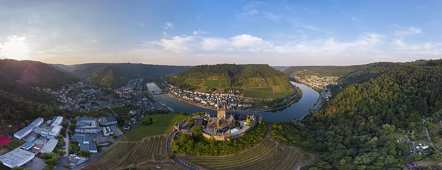 cochem, panorama, mosel, castle, imperial castle, germany, village, places of interest, panoramic image, summer